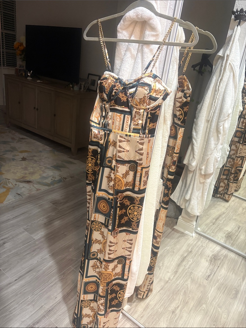 Chain-Detail Printed jump suit  - Black & Gold